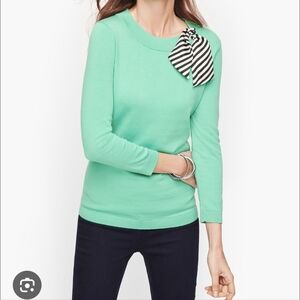 Talbots Silk Striped Scarf Accent Sweater sz L Green Navy Preppy Chic Coastal